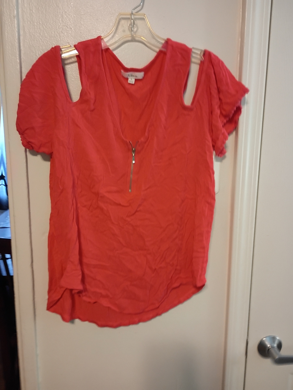 Takara Coral Cold-Shoulder Zip Front Blouse